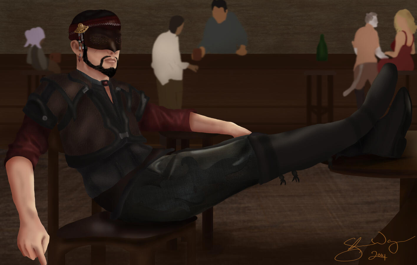 A masked man relaxes in a bar with his feet up on the table.