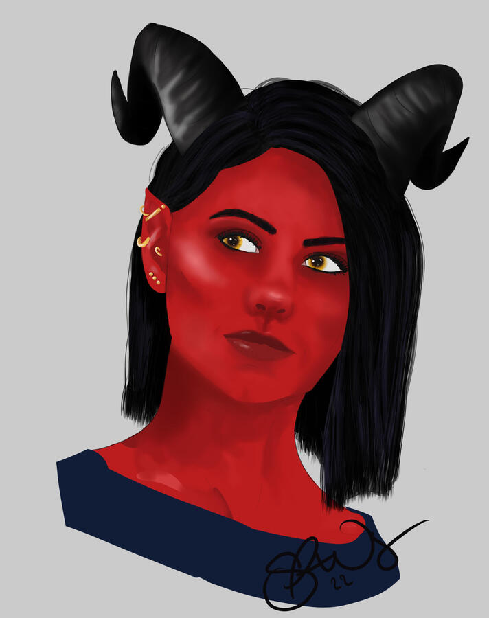 A red skinned tiefling sorceress with curved black horns on her head of shoulder length black hair.
