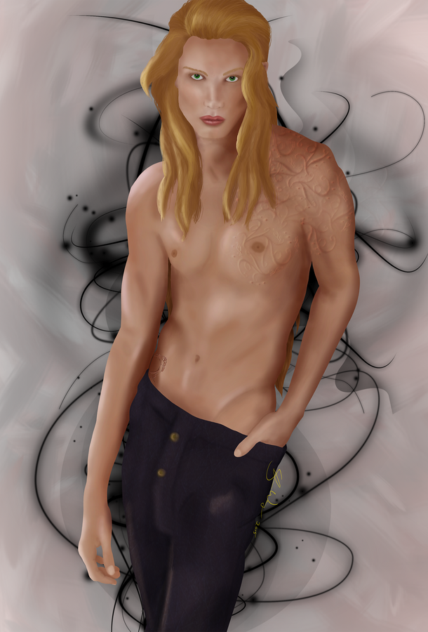 A beautiful shirtless lithe man with long blonde hair.