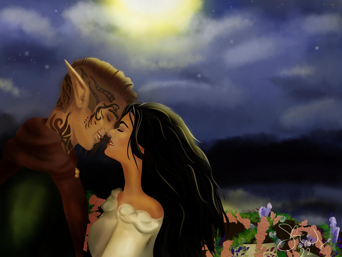 An elven man and a human woman embrace lovingly in the moments just before a kiss while standing on a flower covered bridge under a cloudy moonlit sky.