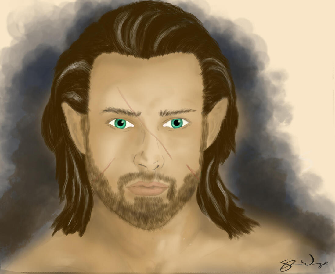 A quickly painted portrait of a man with brown hair, light eyes with scars on his face.