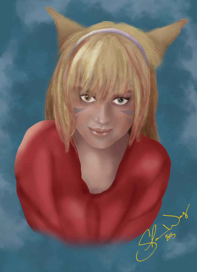 A young, smiling blonde miqo'te woman.