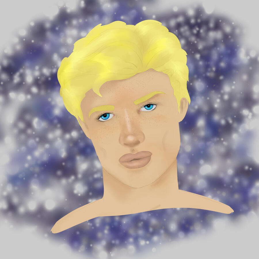 A blonde human man with delicate features, blue eyes and pouty lips.