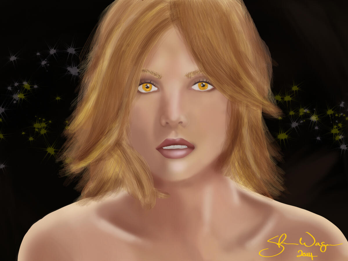 A portrait of a blonde woman with amber eyes.