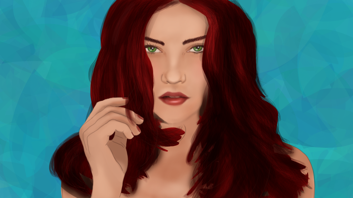 A portrait of a woman with green eyes and bright red messy hair.