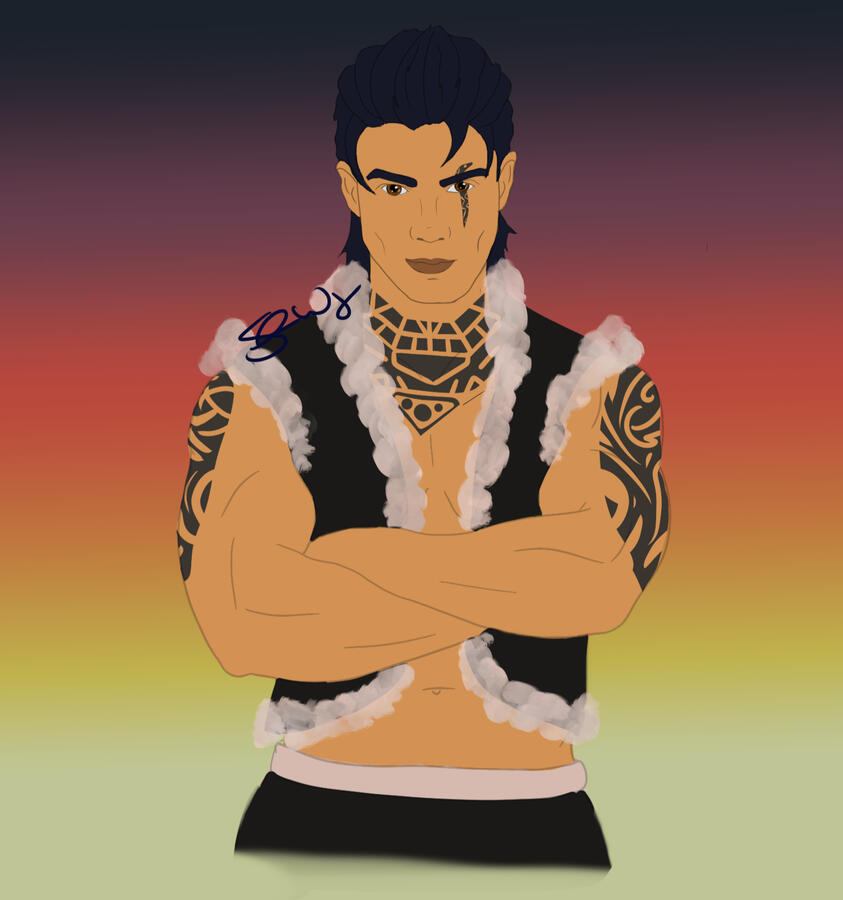 A muscular dark haired man stands with his arms crossed.