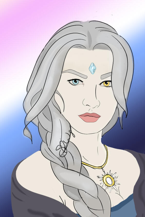 A woman with grey hair braided over her shoulder. She has heterochromia amd wears a golden sun pendent around her neck and has a gem on her forehead.