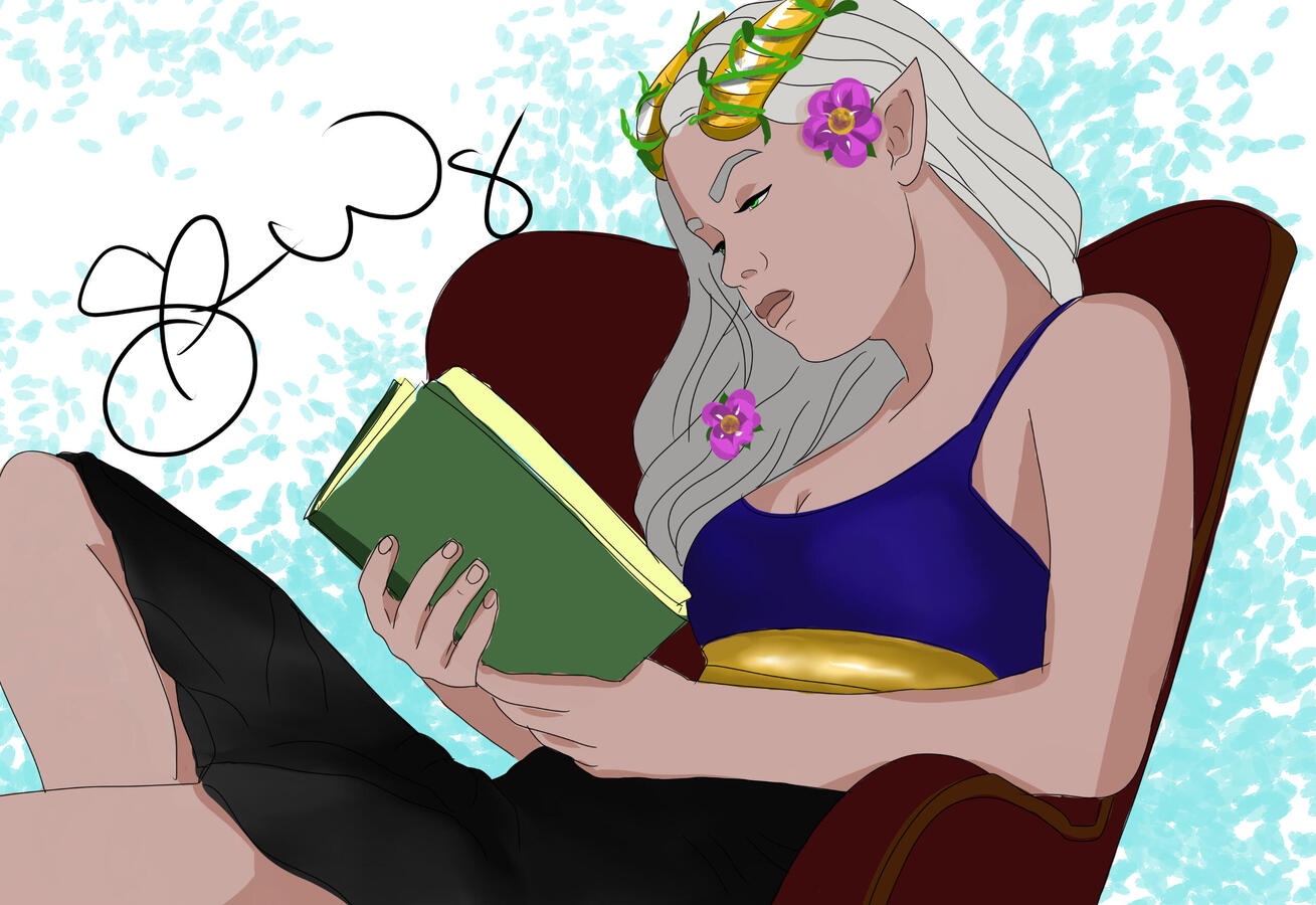 A colored illustration of a pink-skinned Tiefling with gold horns and white hair relaxing in a red chair reading a book.