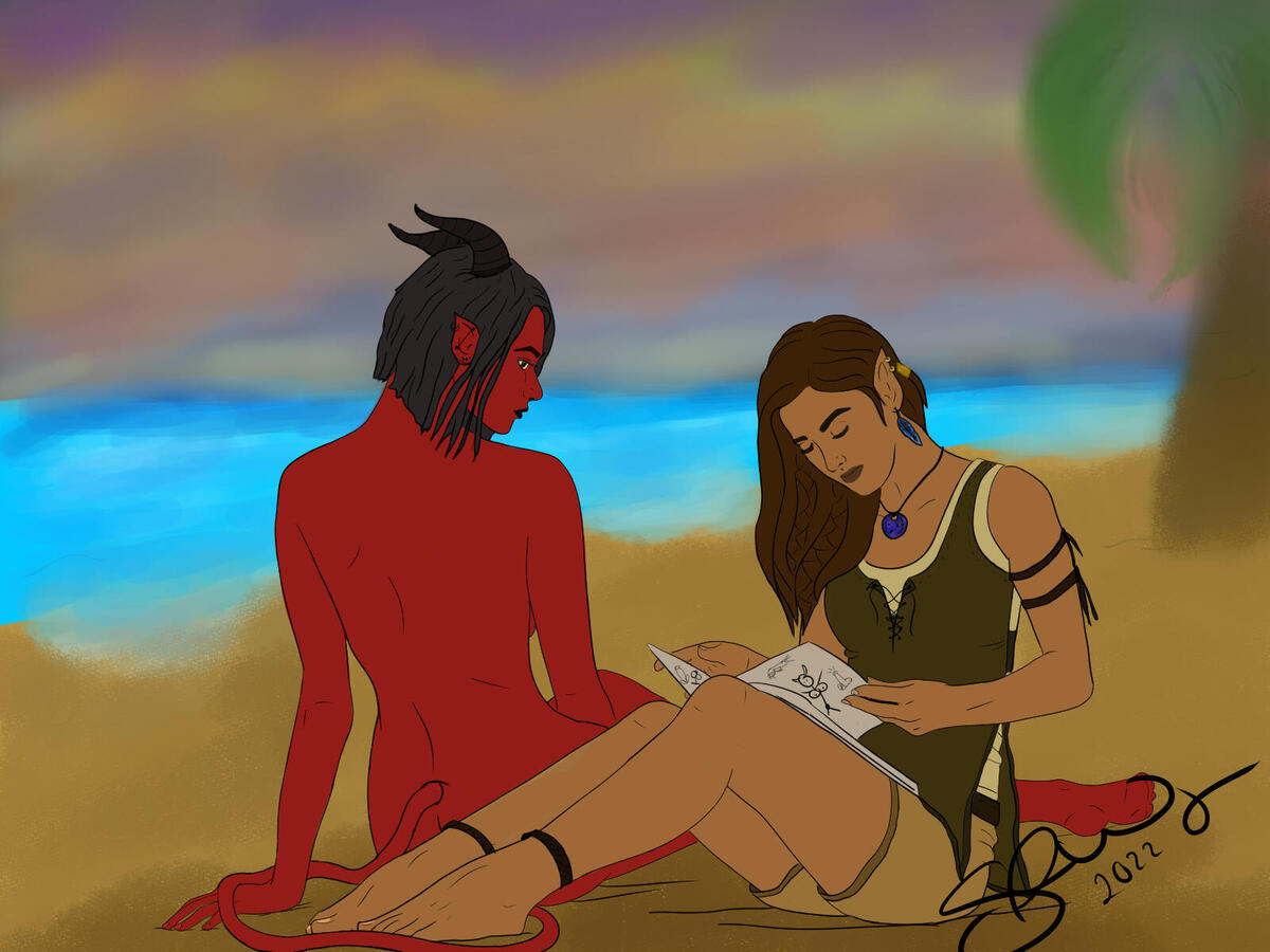 A red-skinned teifling and a wood elf sitting on a beach reading through a book together.