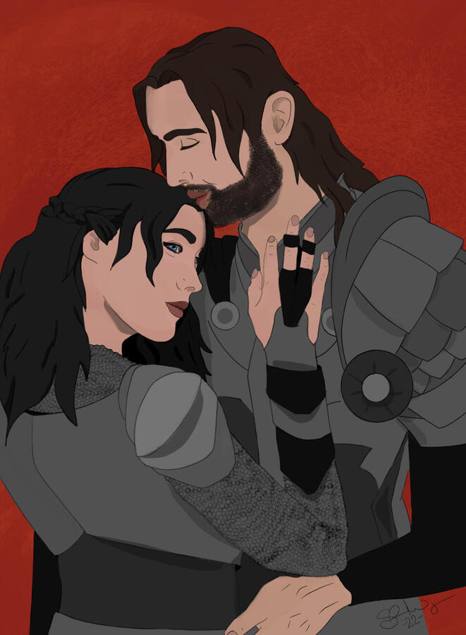 A man and woman in grey chainmail armor embracing. The man kisses her forehead sweetly.