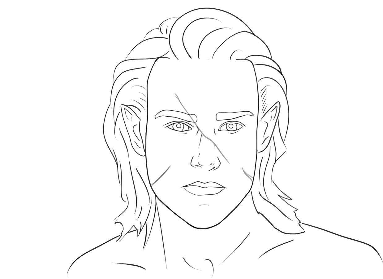 Line art of a man's face with a scar running across it.