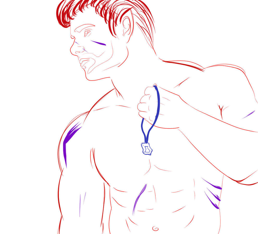 A colorful lineart drawing of a shirtless elven man holding a necklace with a gem on it.