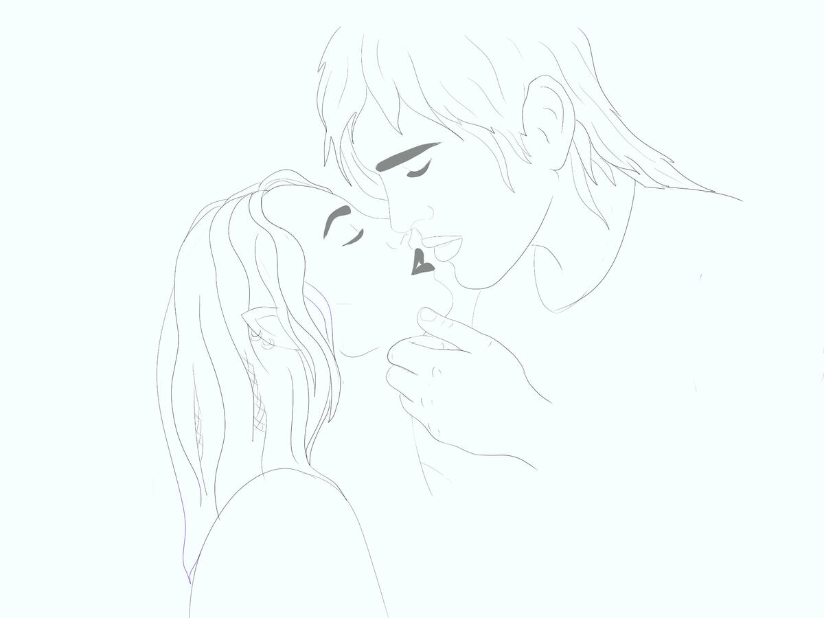 Lineart drawing of an elf woman and a human man moments from kissing as he lifts her chin.