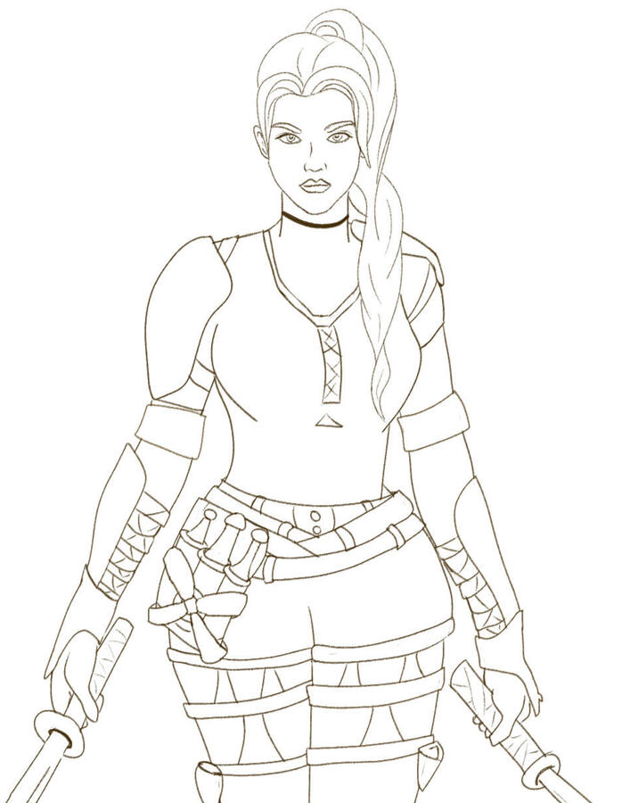 A lineart drawing of a human rogue in armor.
