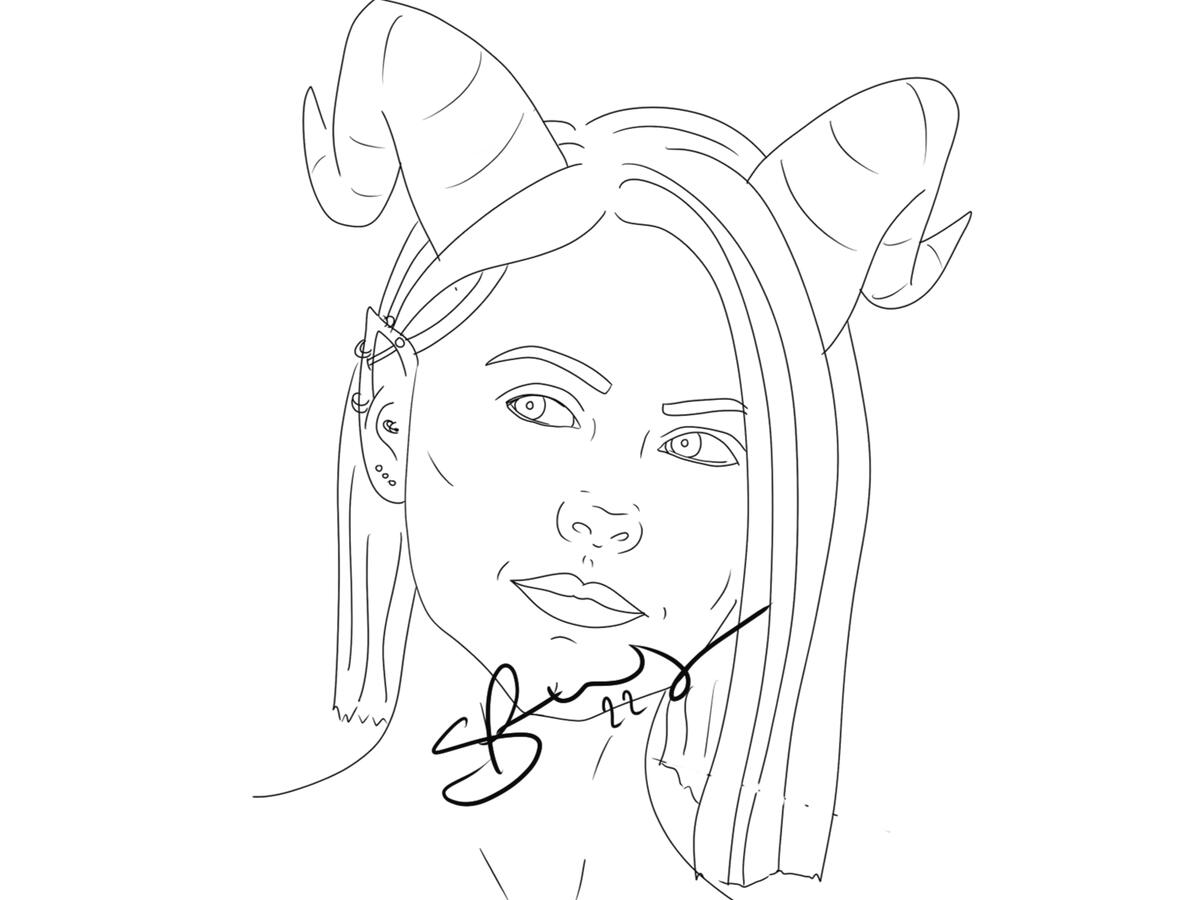 A line art portrait of a Tiefling female.