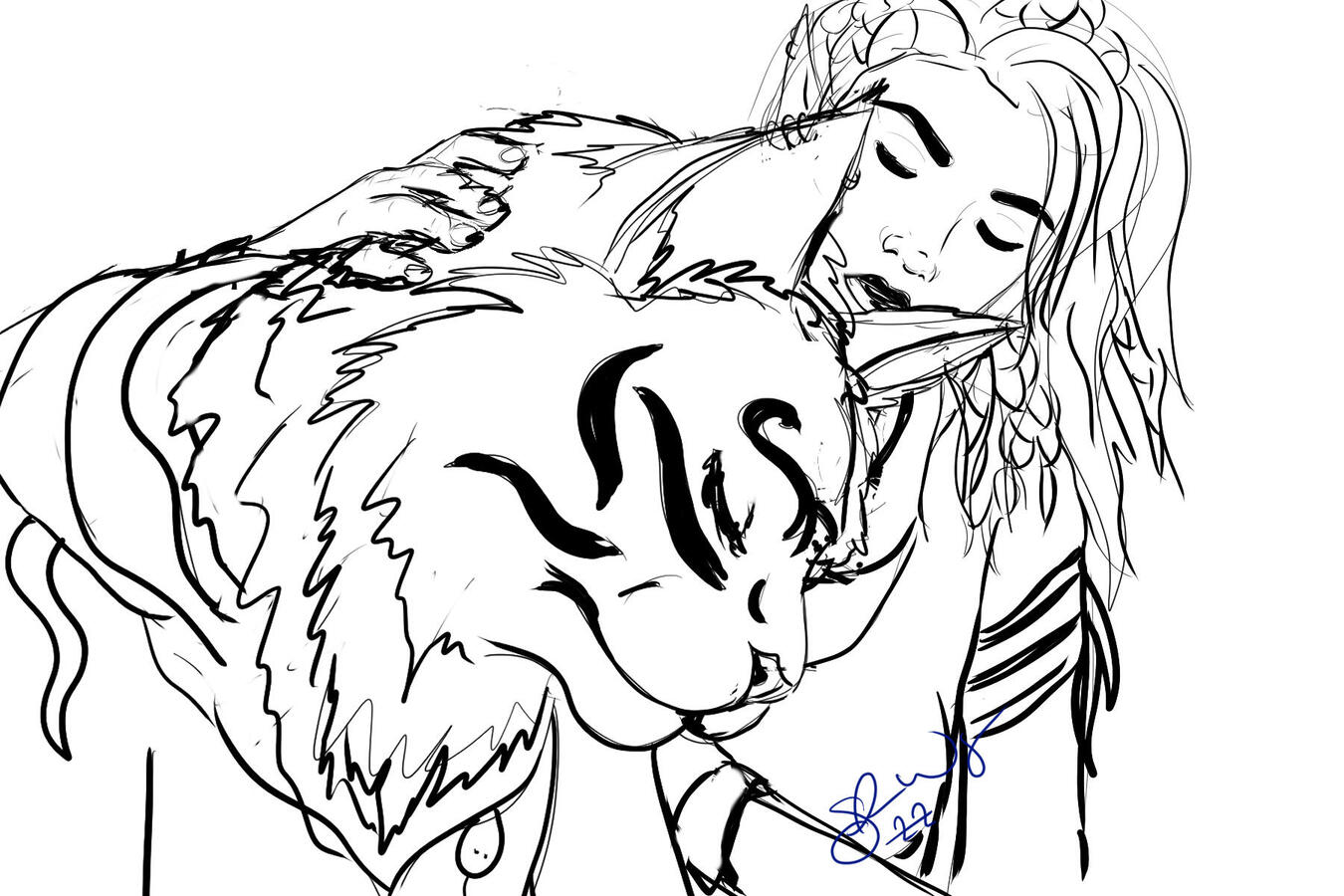 A lineart drawing of a tabaxi being comforted by a female elf.
