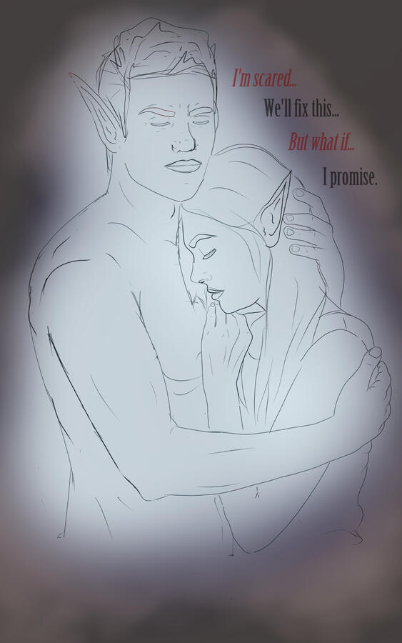 A male elf holds a female elf protectively.