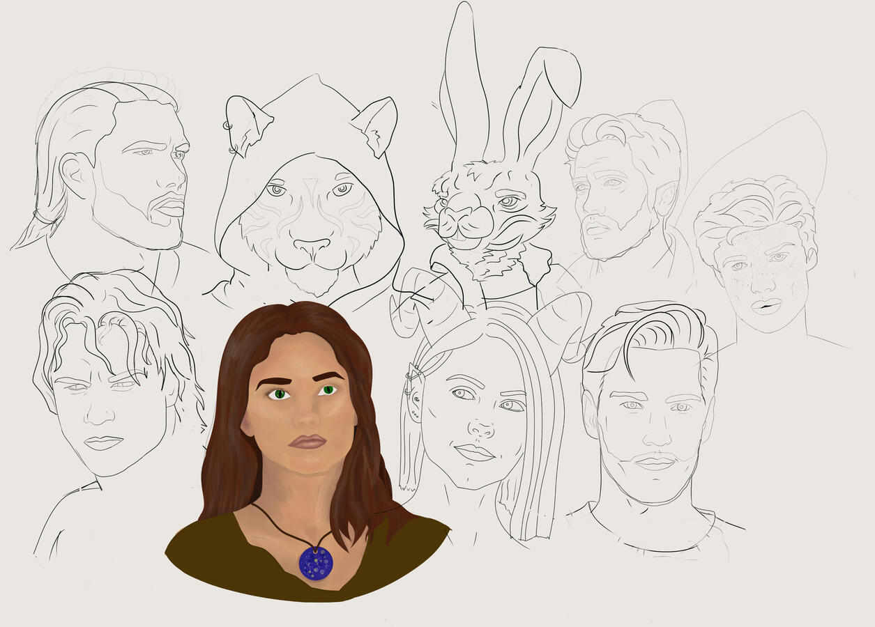 A line art drawing of multiple characters from a dungeons and dragons campaign.
