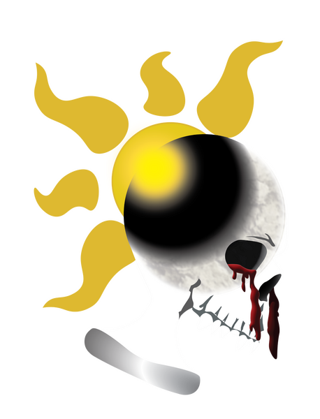 A sunburst event horizon behind a moon superimposed onto a jailer's skull chalice that has blood dripping from the eye sockets.