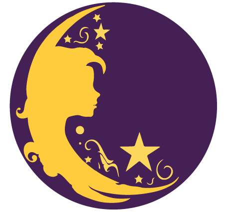 A vector image of a crescent moon with the image of a girl's profile superimposed on it.