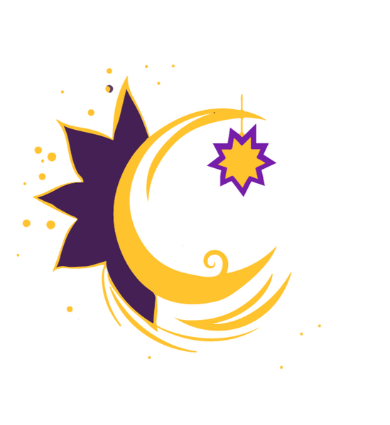 A vector image of a cresent moon with a flower behind it and a startburst hanging from the top.