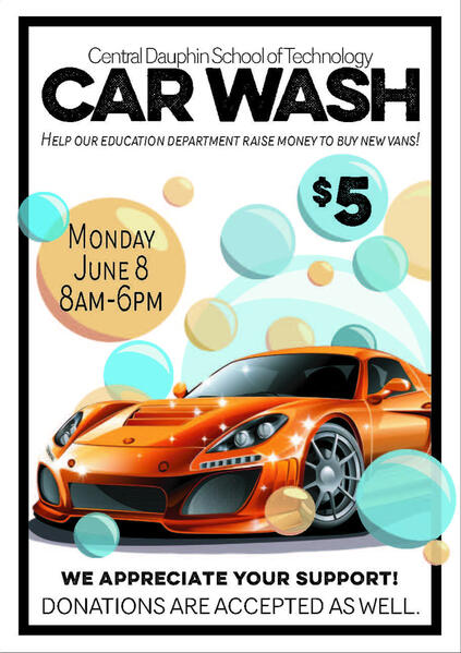 A flyer created for the Dauphin Technology School's car wash fundraiser.