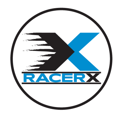 A logo with the letter X trailed by speed lines sitting over the word Racer X