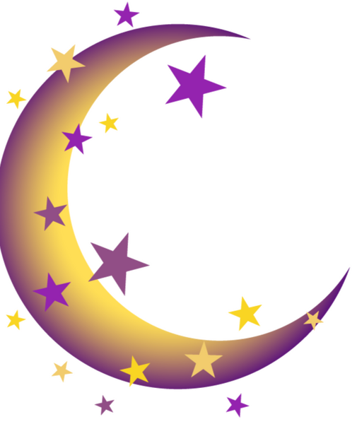 A yellow and purple gradient crescent moon surrounded by yellow and purple stars