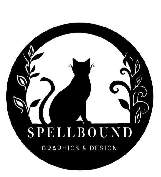 A black and white version of the Spellbound logo featuring a silhouette of a black cat on a full moon with plants to either side.