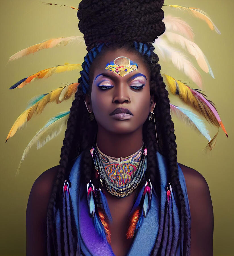 An AI prompt rendered image of dark-skinned woman with bright, rich colored makeup and feathers decorating her braided dark hair on a yellow background.