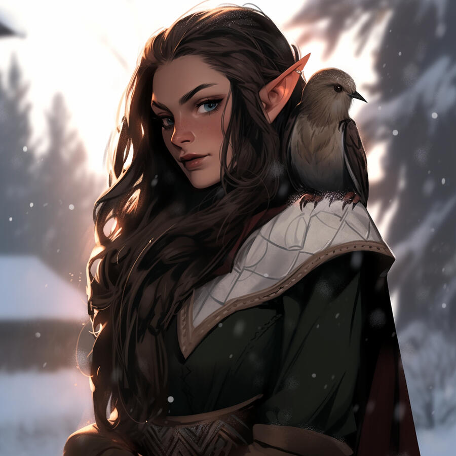 A wood elf druid woman with a bird perched on her shoulder.