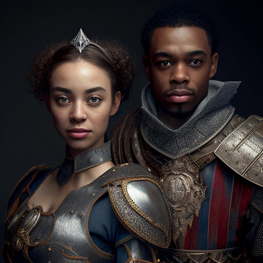 A dark skinned man and woman in royal clothing and armor.