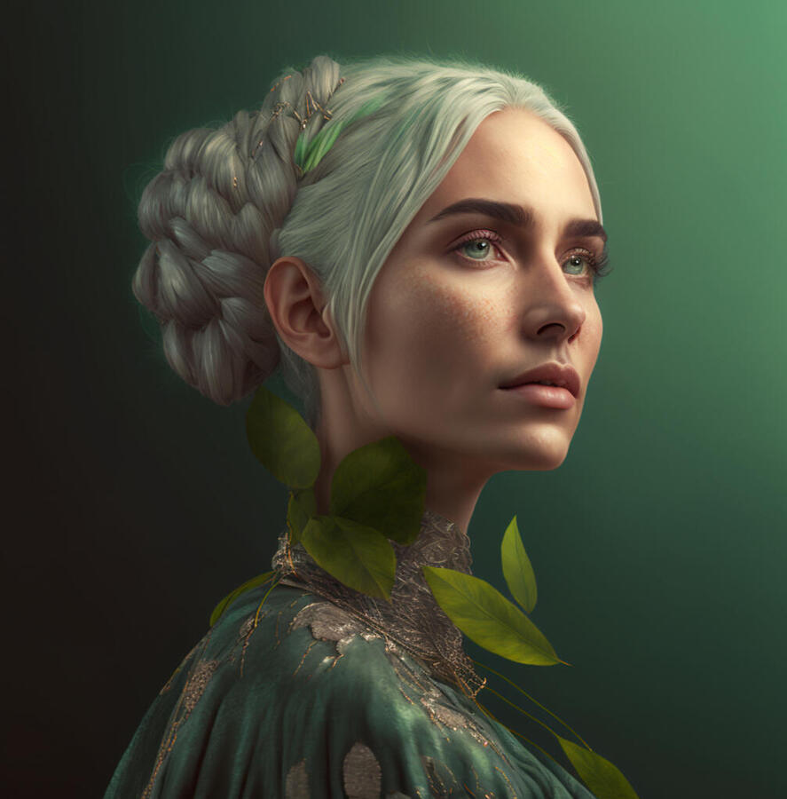 An AI prompted rendering of a elven woman with white hair covered in plants.