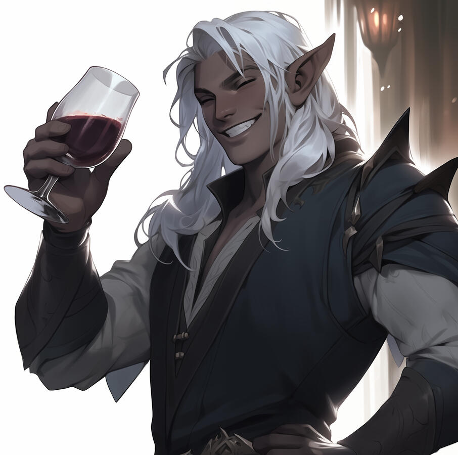 An AI generated image of an anime style drow elf with white hair, drinking wine.