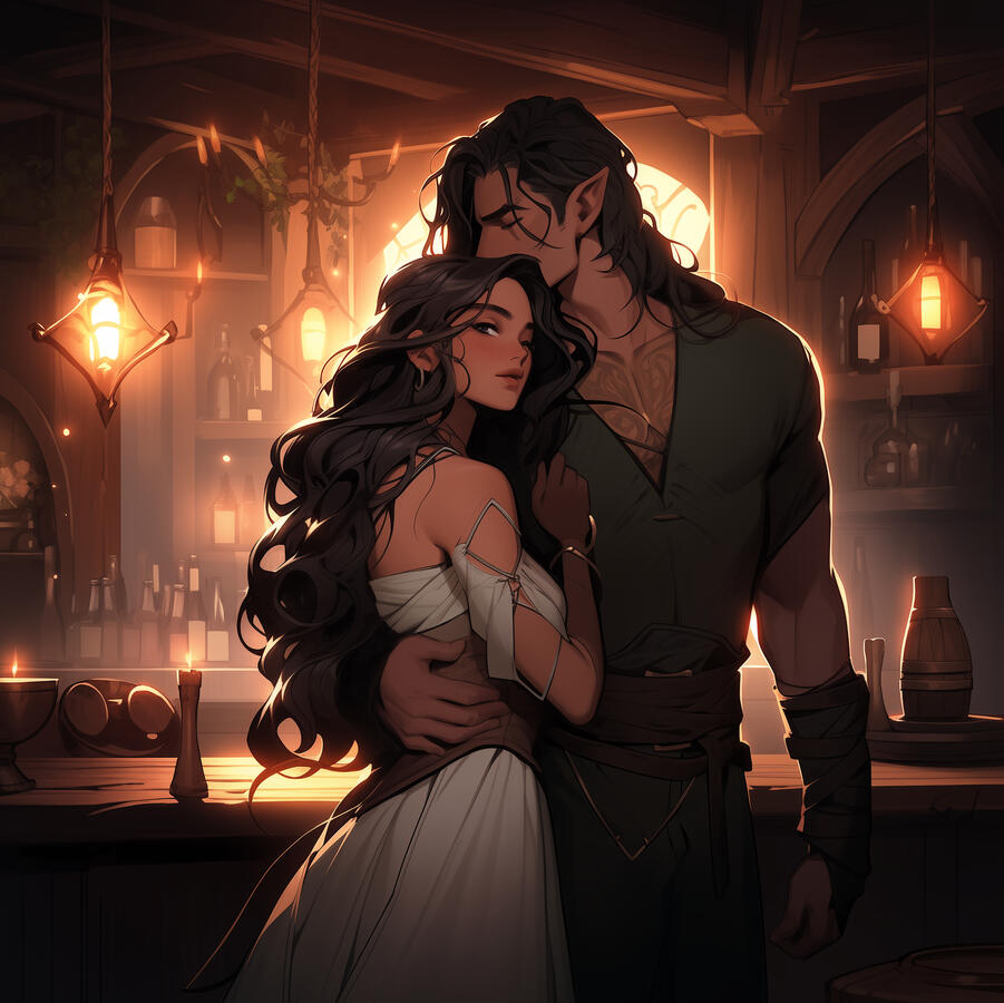 An AI generated image of a woman being held protectively by a male elf in a bar.