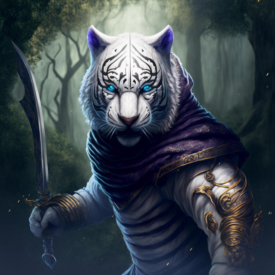 An AI rendered image of a tabaxi man with white fur and black stripes wearing a purple cloak and wielding a sword.