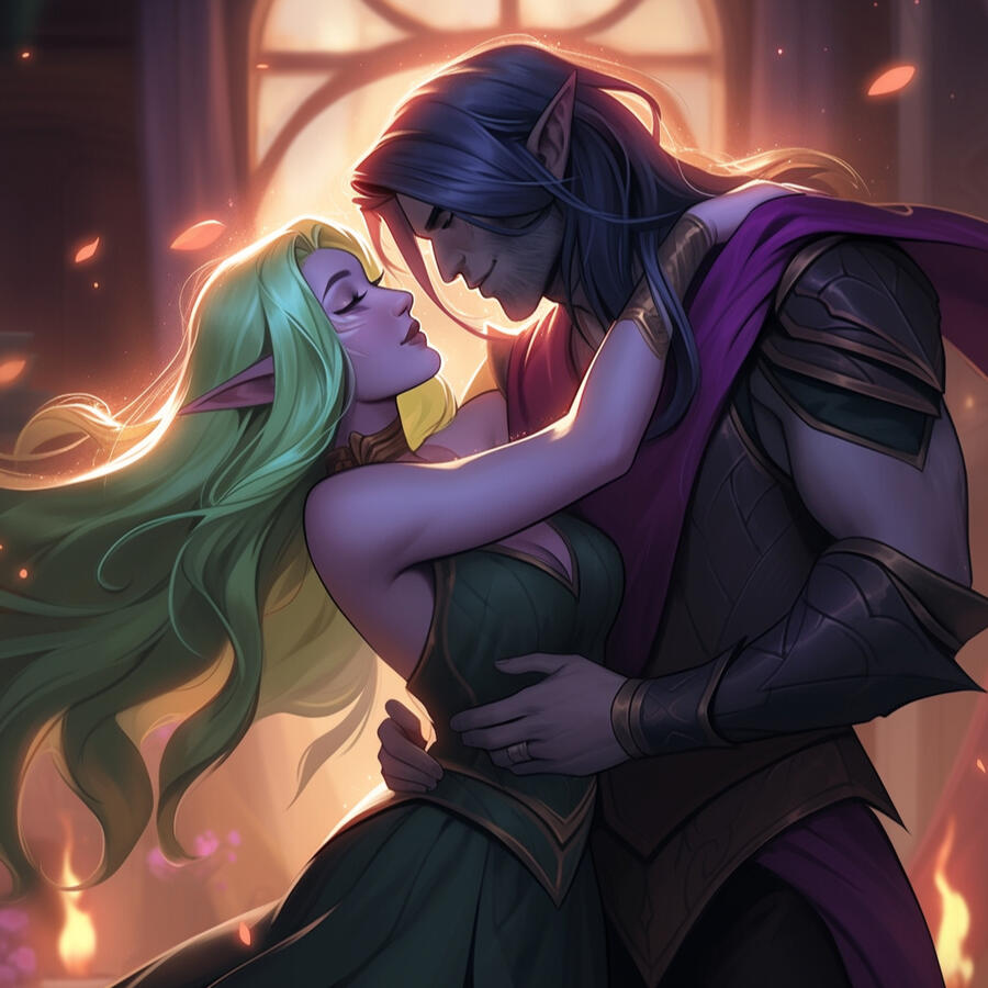 An AI generated image of a green haired night elf and a purple haired night elf dancing.