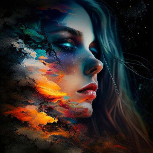 A woman's face double exposed against a sunset like cloud and starry sky